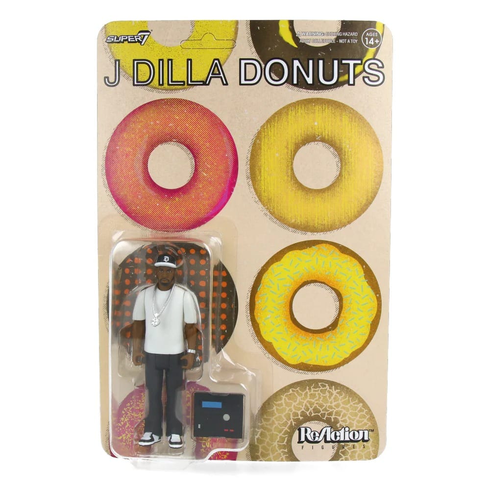 J Dilla Donuts ReAction Figure actionfigur från Super7 i oöppnad blisterförpackning.