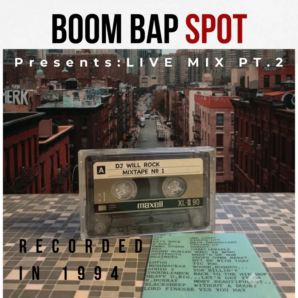Omslag till DJ Will Rock Mixtape No 1 från 1994 presenterat av Boom Bap Spot, med ett Maxell-kassettband och spårlista mot en bakgrund av New York.