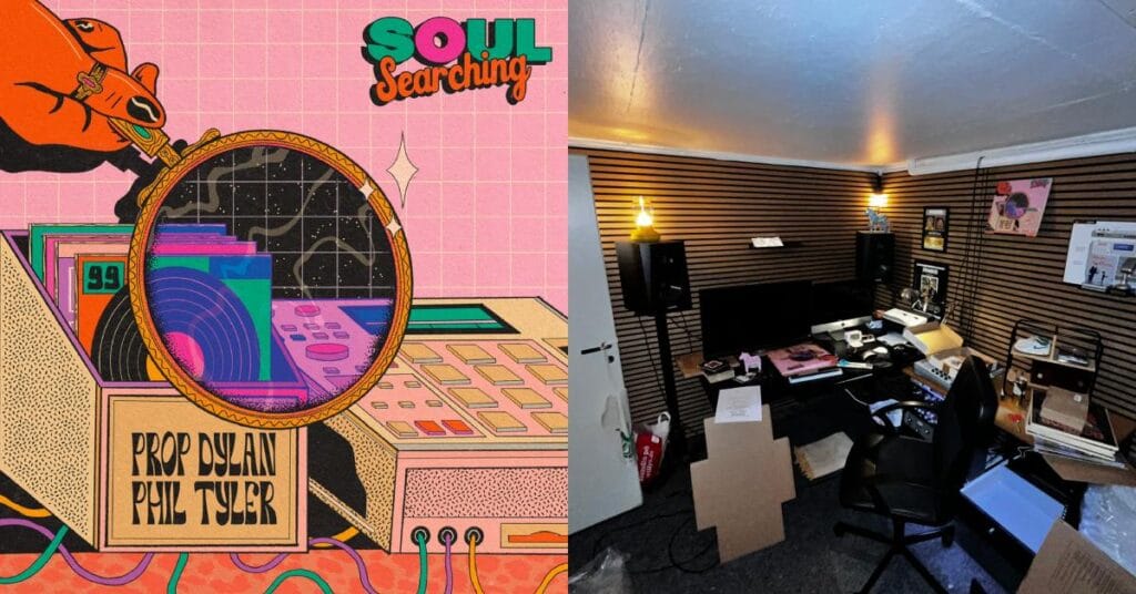 Skivomslag och studiobild för albumreleasen av Prop Dylan Soul Searching.