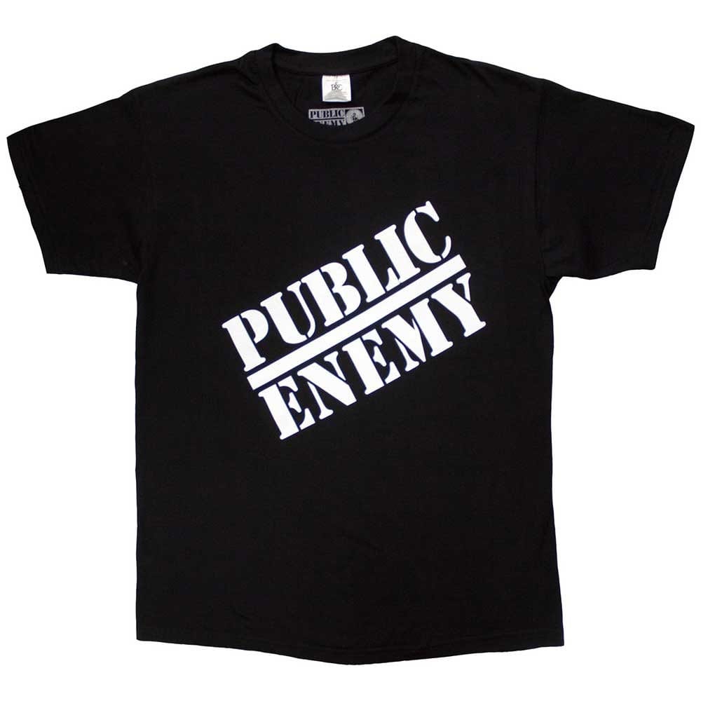 Svart Public Enemy t-shirt med den ikoniska prickskytteloggon tryckt på bröstet.
