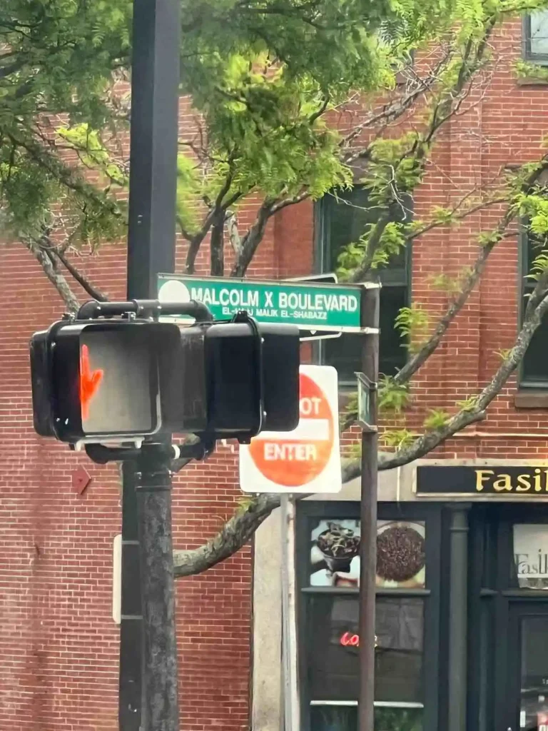 Gatuskylten för Malcolm X Boulevard i Roxbury, Boston, som passeras under Remedeehs jobbsökande.