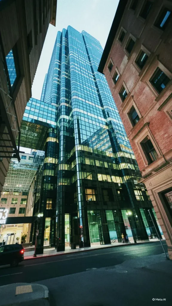 En modern skyskrapa i glas intill äldre tegelbyggnader under Remedeehs tid av jobbsökande i USA.