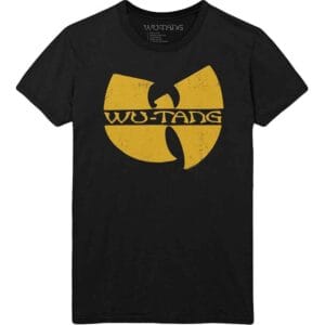 Svart Wu-Tang t-shirt med det klassiska gula W-emblemet tryckt på bröstet.