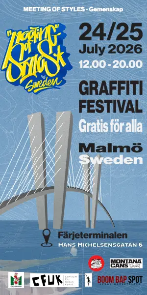 Stående eventbanner för graffiti-festivalen Meeting of Styles Sweden i Malmö den 24-25 juli 2026. Vertikal grafik med Öresundsbron samt logotyper för Malmö stad, Montana Cans och Boom Bap Spot.