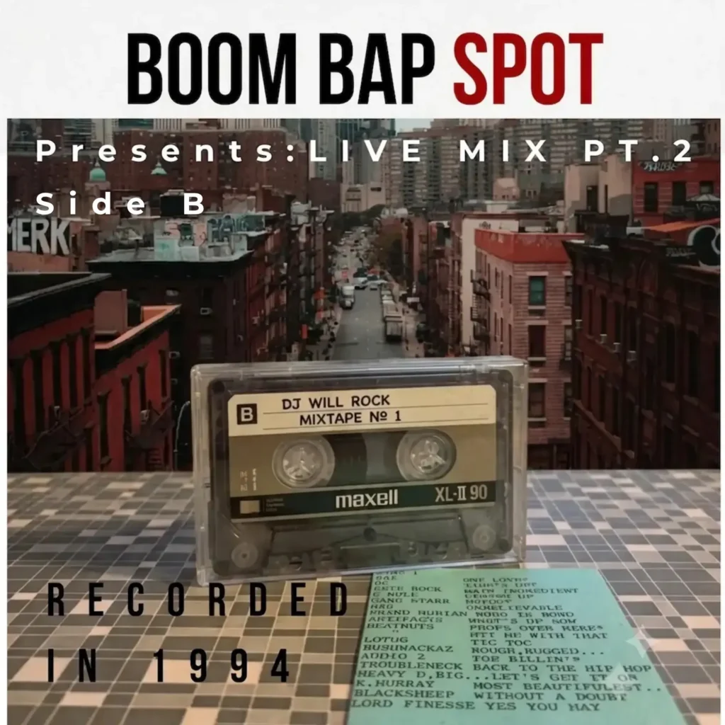 Kasettbandet DJ Will Rock Mixtape Nr 1 Sida B i ett genomskinligt fodral mot en bakgrund av New Yorks gator. Texten visar Boom Bap Spot Presents: Live Mix Pt. 2, side B, Recorded in 1994.