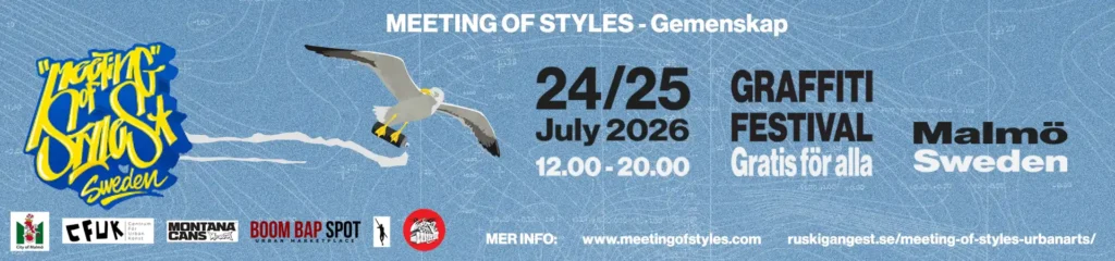 Liggande eventbanner för graffiti-festivalen Meeting of Styles Sweden i Malmö den 24-25 juli 2026. Horisontell grafik med en flygande mås som håller i en sprayburk samt logotyper för samarbetspartners som Boom Bap Spot och Montana Cans.