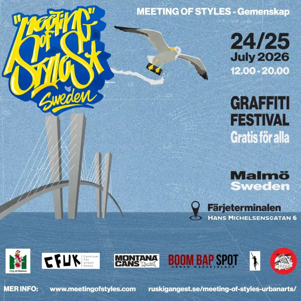 Eventbanner för graffiti-festivalen Meeting of Styles Sweden i Malmö den 24-25 juli 2026 på Färjeterminalen. Grafik med en mås som flyger med en sprayburk framför Öresundsbron, samt logotyper för Malmö stad, CFUK, Montana Cans och Boom Bap Spot.