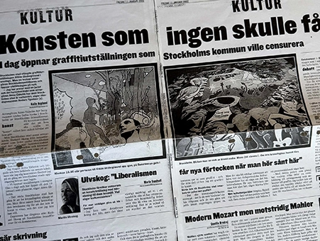 Tidningsartikel om graffitiutställning och Stockholms kommuns censur