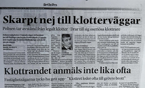 Tidningsklipp om polisens nej till lagliga klotterväggar i Sverige