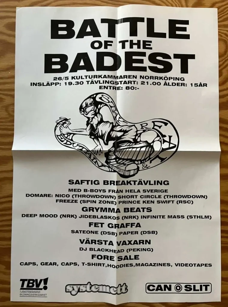 Svensk hip hop breaking historisk affisch Battle of the Baddest SM 1995 Norrköping