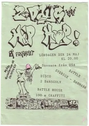 Vintage-flyer för "2 Def Days of Hip Hop"-jam på Fryshuset i Stockholm, 24 maj 1986, med graffiti-stil-bokstäver och b-boy-illustrationer.