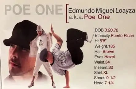 Profile card for breakdancer Poe One, full name Edmundo Miguel Loayza, displaying date of birth, height, weight, and clothing sizes alongside portrait and breakdance freeze photos.