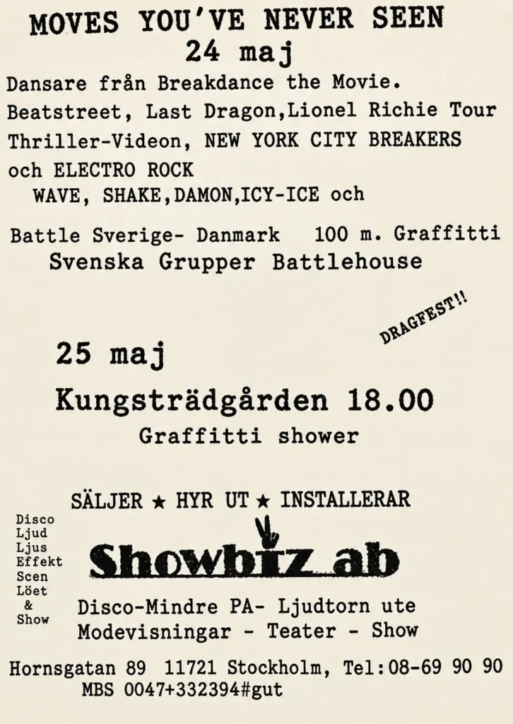 Vintage hiphop-flyer för '2 Def Days of Hip Hop'-framträdande i Kungsträdgården, Stockholm, 1986. Listar dansare från Breakdance the Movie, Beatstreet och New York City Breakers. Nämner graffiti och en Battle-föreställning av Sverige och Danmark den 25 maj 1986