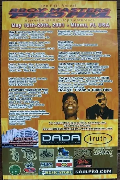 Schema för den femte årliga Bboy Masters Pro Am International Hip Hop Conference i Miami Beach, 16–20 maj 2001, med Doug E. Fresh och Slick Rick.