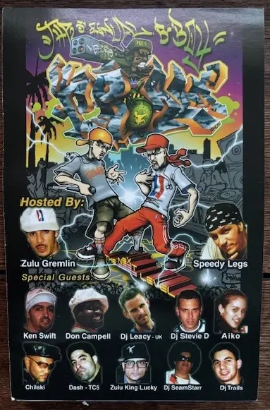 Vintage-flyer för det femte årliga B-Boy Pro-Am hiphop-evenemanget i Miami 2001, arrangerat av Zulu Gremlin och Speedy Legs.